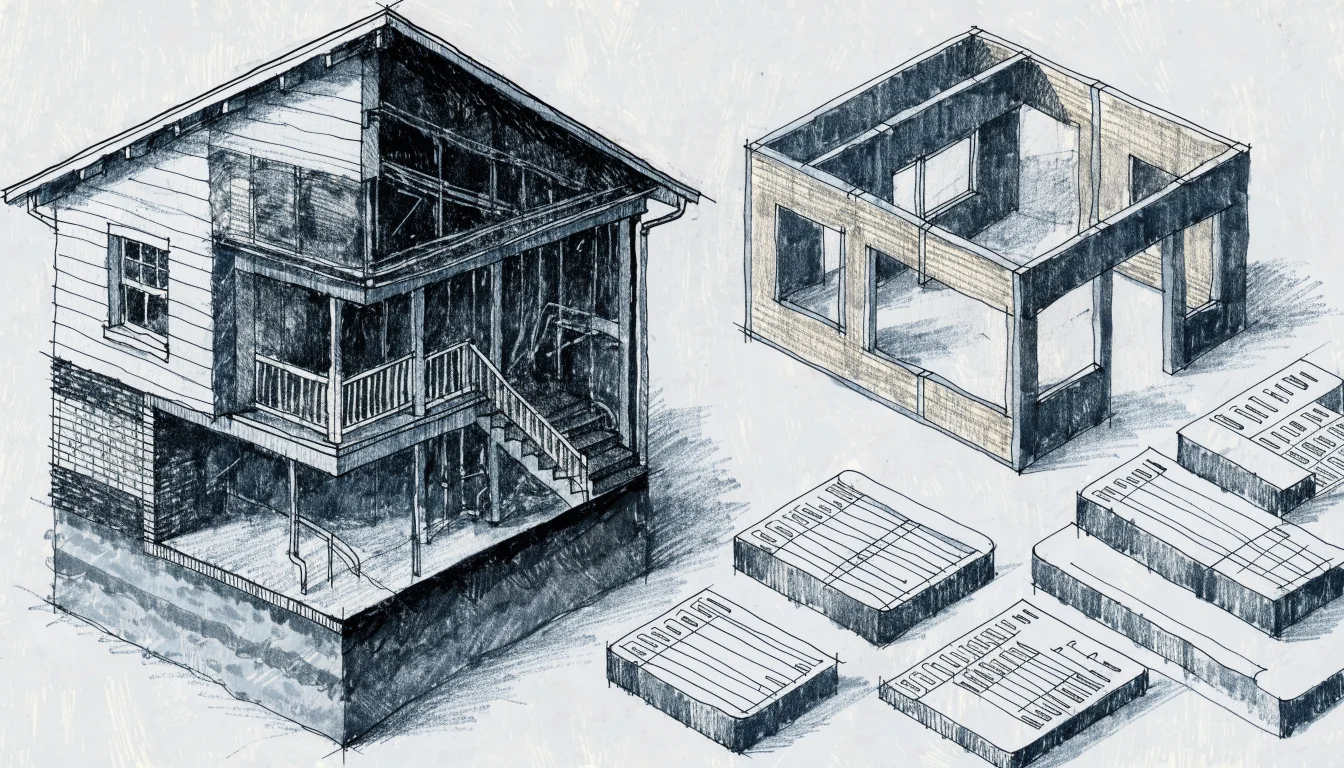 Conceptual illustration of a house cutaway beside a modular frame and abstract closing documents in blue and graphite tones.